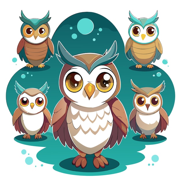 Vector cartoon owls in various poses with vibrant colors and playful design