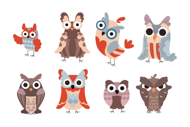 Cartoon owls Wild animal characters with funny eyes and feathers Isolated birds childish graphic Wisdom symbol Winged creatures with different expressions Vector flying fauna set