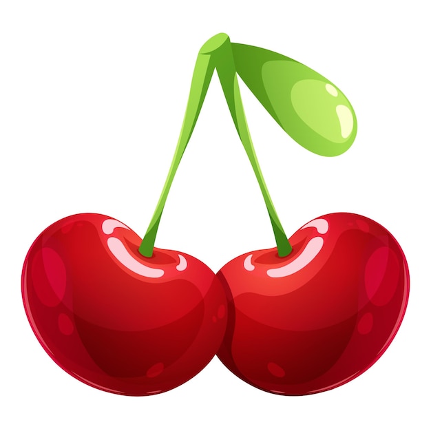 Cartoon pair of juicy cherries on transparent background isolated