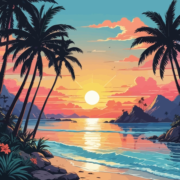 a cartoon of palm trees and the sun in the sky