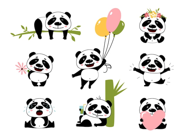 Cartoon panda characters Pandas stickers cute poses of chinese zoo animal Isolated wild funny bear holding bamboo heart and balloons classy vector kit