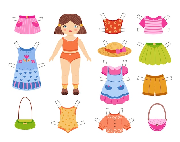 Cartoon paper doll Cute girl toy with summer clothes collection for dress up cut and play retro game vector illustration set