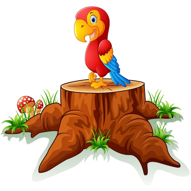 Cartoon parrot on tree stump