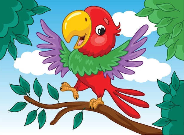 A cartoon parrot with a colorful beak is sitting on a branch with green leaves and blue sky in the background.