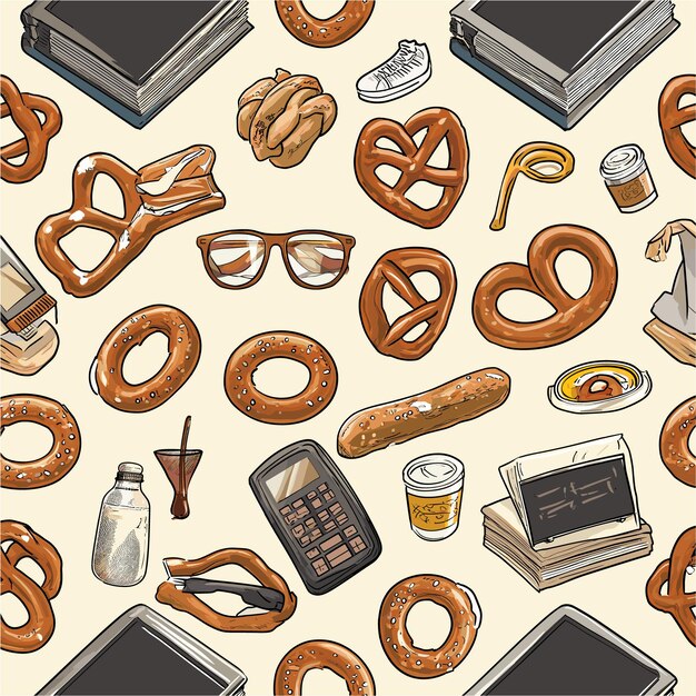 Cartoon Pattern with Items and Pretzels from The Office Show