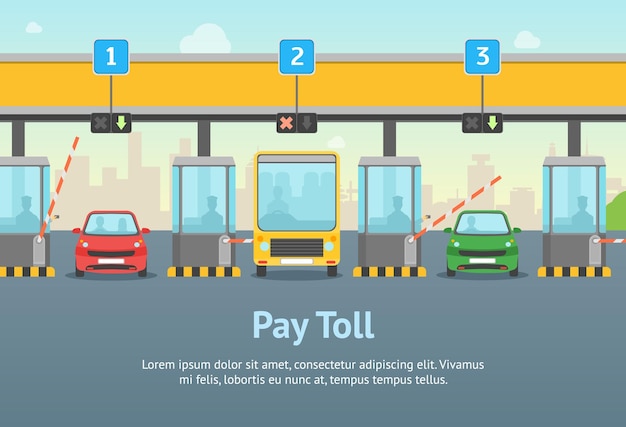 Vector cartoon pay road toll card poster and text highway traffic transport concept flat design style for ad vector illustration of gate