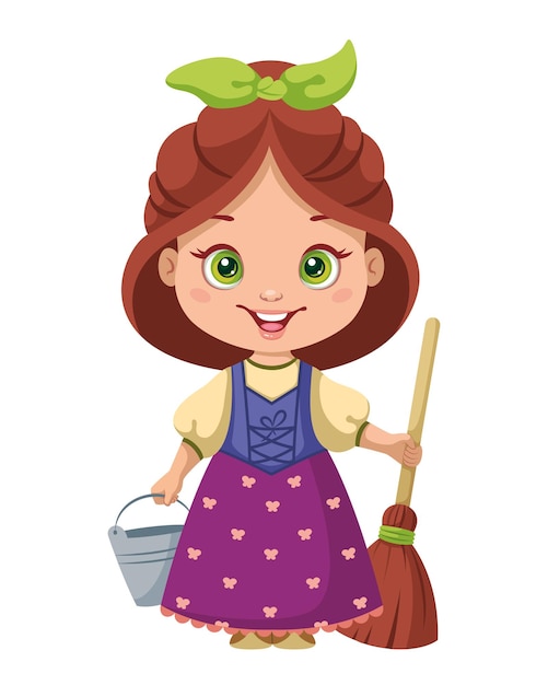 Cartoon peasant girl with bucket and mop Cinderella as maid