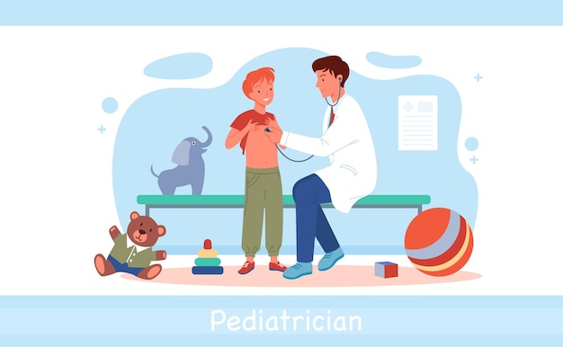 Cartoon pediatrician man character doing medical examination of boy child with stethoscope medicine