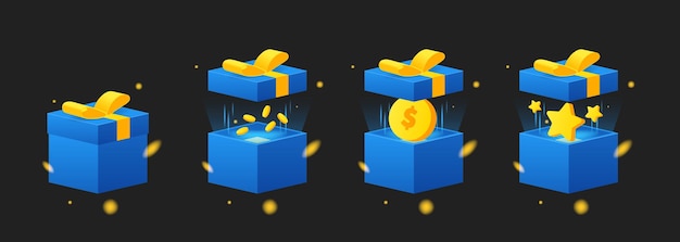 Cartoon pen box with light explosion set Box with golden coins stars inside on black background Give away giftbox isolated vector object