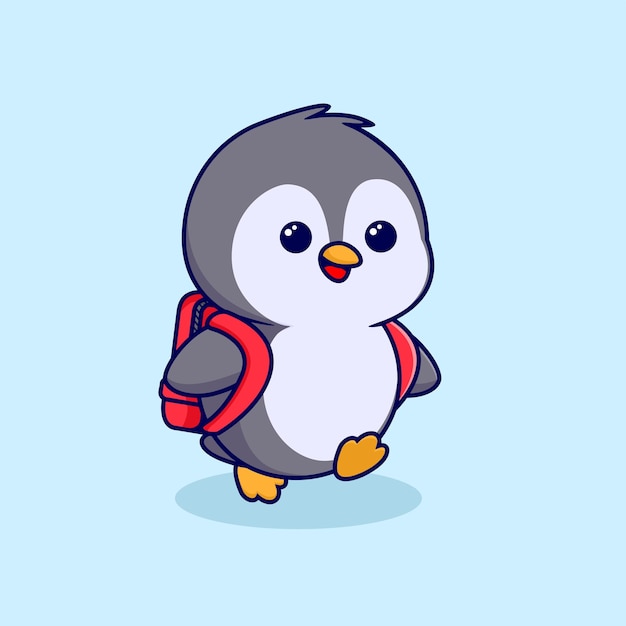 Vector cartoon penguin going to school with a bag on his back