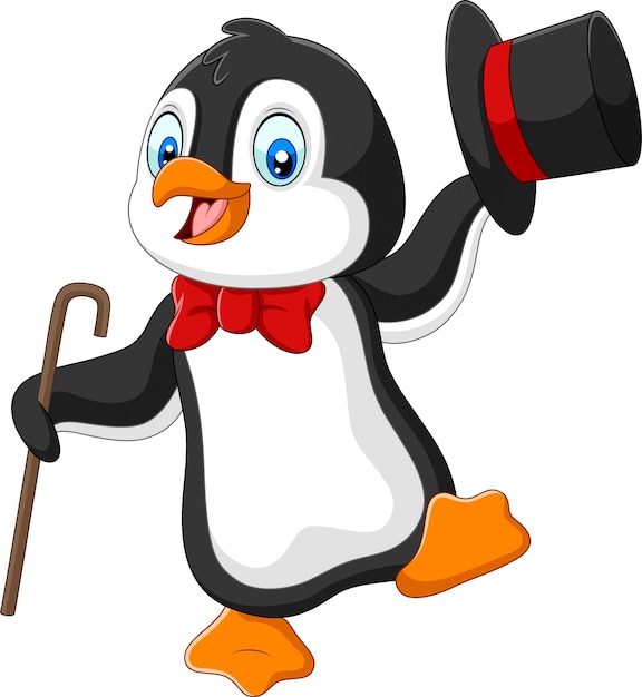 Cartoon penguin holding hat and cane