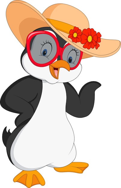 Cartoon penguin wearing summer straw 