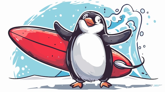 Vector a cartoon of a penguin with a red surfboard in the background