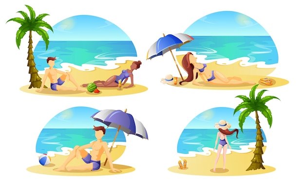 A cartoon of people on the beach with a beach umbrella.