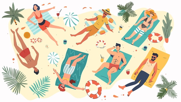 Vector a cartoon of people on a beach with a lifeguard on the bottom