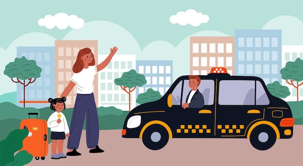 Cartoon people call taxi car Mom and daughter vote on roadside Passengers with luggage Urban transport service Cab order Family automobile town transportation Garish vector concept