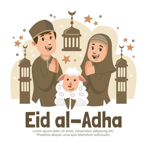 Cartoon people celebrating eid al-adha illustration