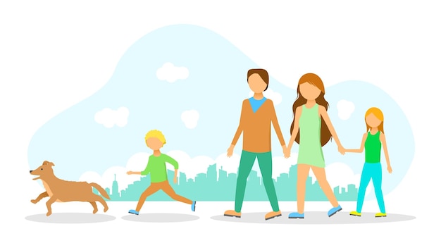 Vector cartoon people character concept illustration vector design family outdoor walking down the street