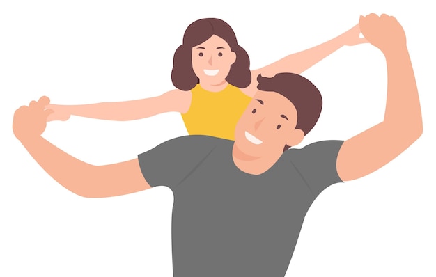 Cartoon people character design young father carrying daughter on his back happily.