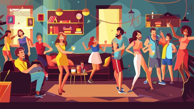 a cartoon of people dancing in a room with a tv on the wall