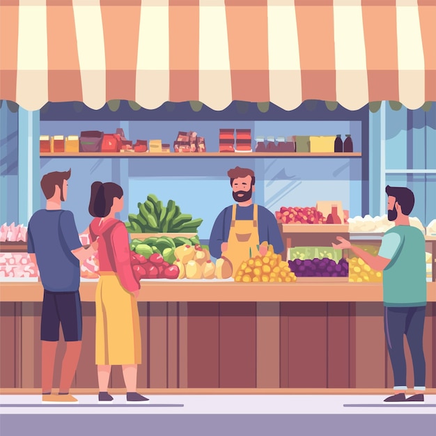 a cartoon of people at a fruit stand with a man selling fruit