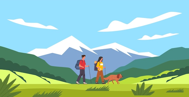 Cartoon people hike Tourist couple and dog summer mountains landscape family with backpack traveling nature trail walk explorers characters adventure healthy lifestyle vector concept