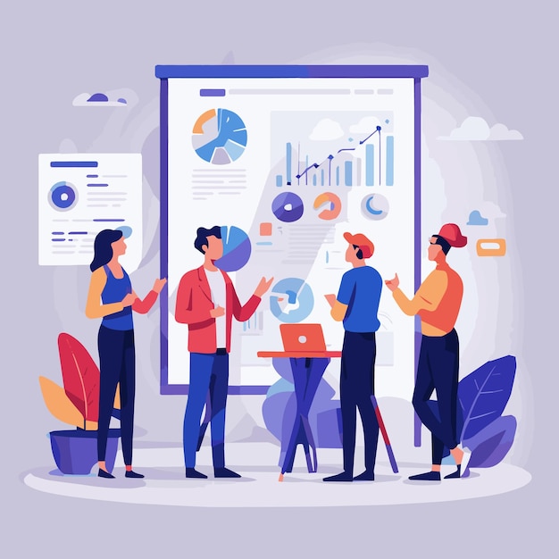 Cartoon of people in a meeting room with a chart showing graphs and charts