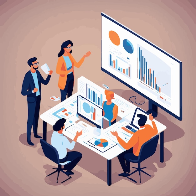 Cartoon of people in a meeting room with a chart showing graphs and charts