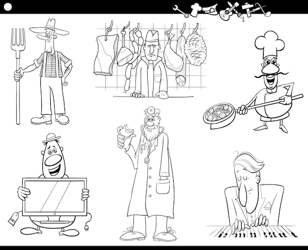 Cartoon people occupations set coloring page