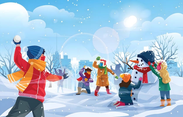 Vector a cartoon of people playing in the snow with a snowman in the background