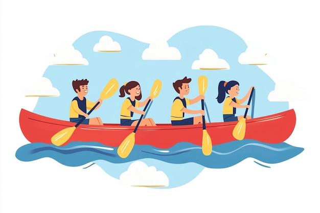 Cartoon People Rowing Red Kayak