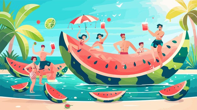 Vector a cartoon of people swimming in the water with watermelon and umbrellas