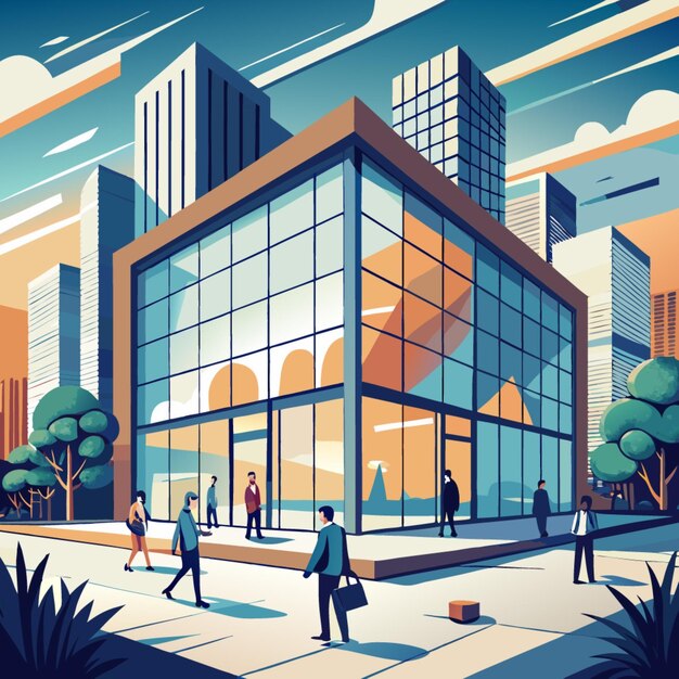 Vector a cartoon of people walking in front of a building with a sky background