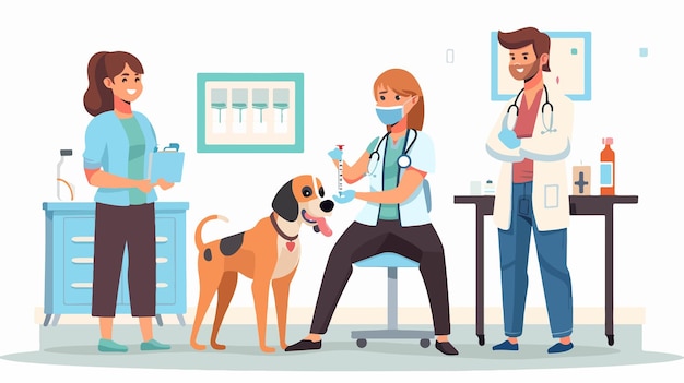 a cartoon of people with a dog and a doctor in the background