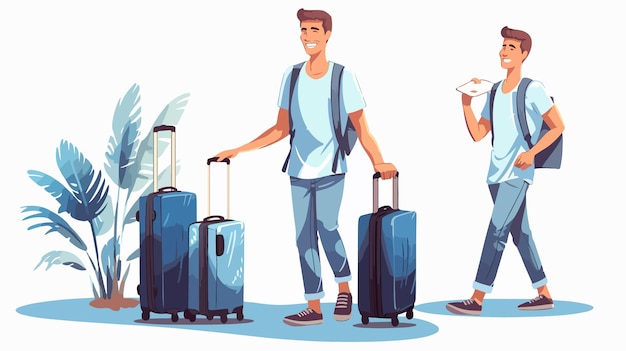 a cartoon of people with luggage and a cup of coffee