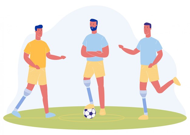 Vector cartoon people with prosthetic leg play football