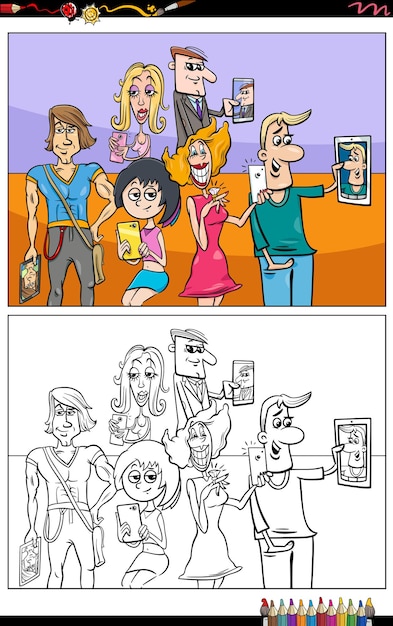 cartoon people with smart phones coloring book page