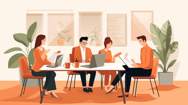 a cartoon of people working in a room with a laptop and a coffee cup