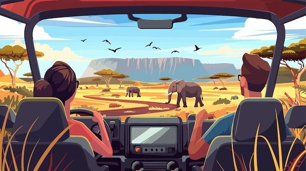 Vector a cartoon of a person driving a car with elephants in the background