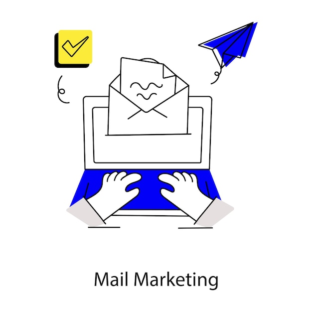 A cartoon of a person using a computer with the words mail marketing on the screen.