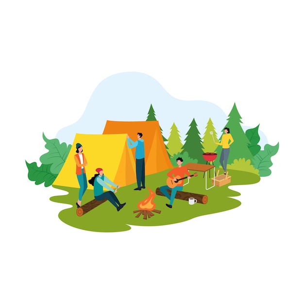 Cartoon picnic concept, Happy people on summer recreation activities  illustration