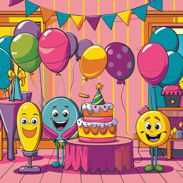 a cartoon picture of balloons and a birthday cake with the number 3 on it