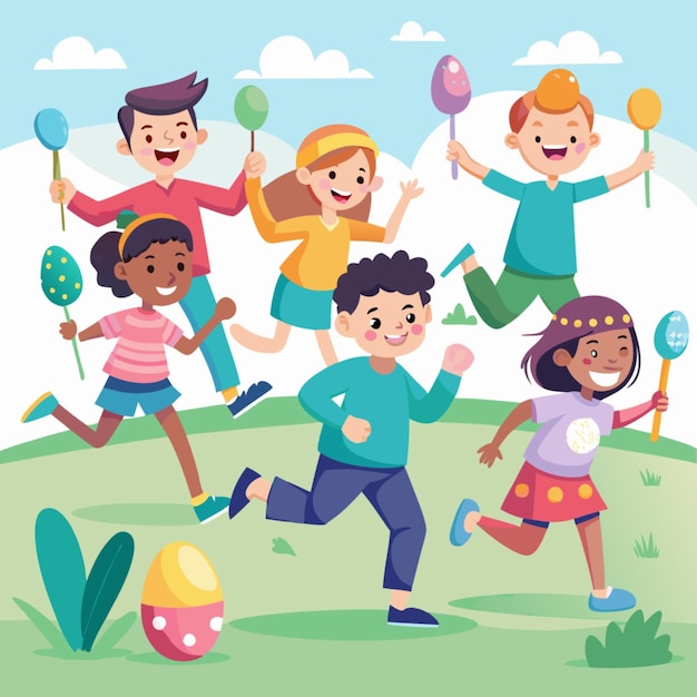 a cartoon picture of kids running with a bunch of balloons