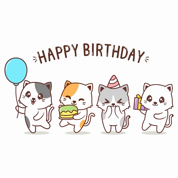 a cartoon picture of three cats with a balloon saying happy birthday