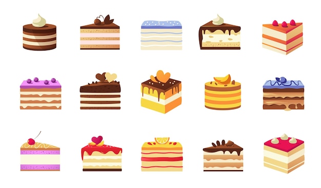 Cartoon piece of cake Various colorful cake slices cage and restaurant sweet dessert with cream glaze fruits and biscuits Vector pastry pieces set