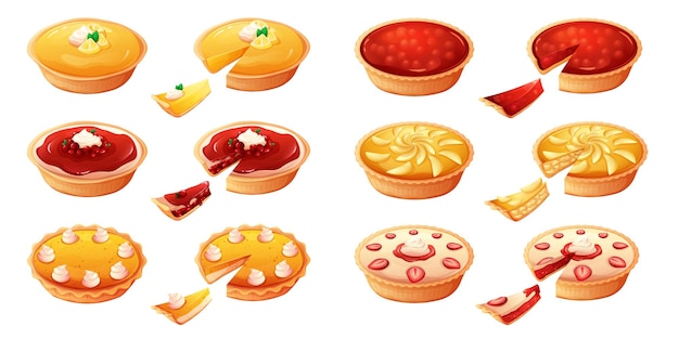 Cartoon pies portion Homemade pie slice sweet berries or apple filling cooking pastries fruit desserts traditional bakery pastry concept isolated tart garish vector illustration