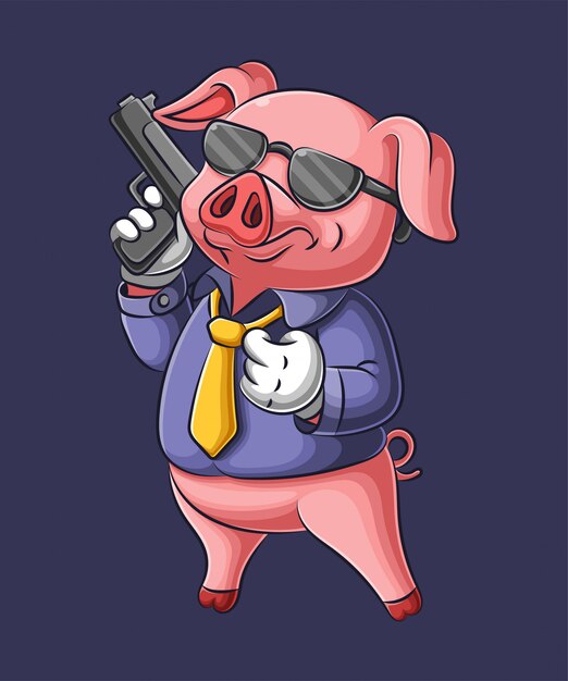 Vector cartoon pig holding a gun in mafia clothes