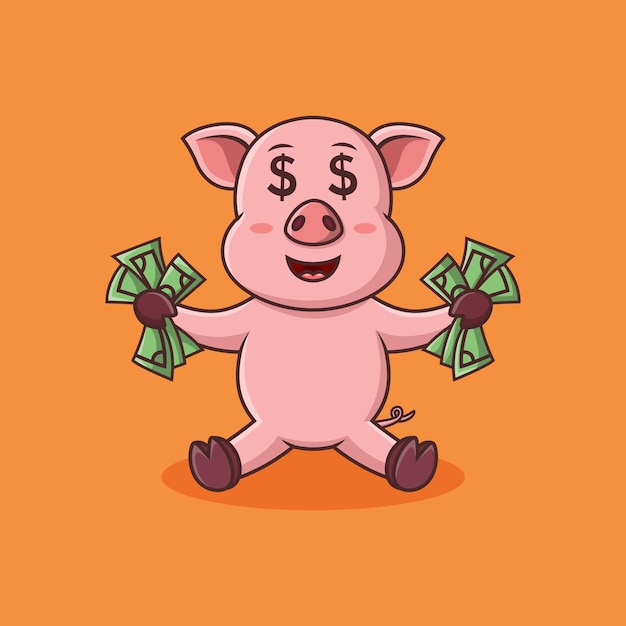 Cartoon pig holding money Vector illustration