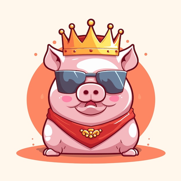 Vector cartoon of a pig wearing a crown and sunglasses