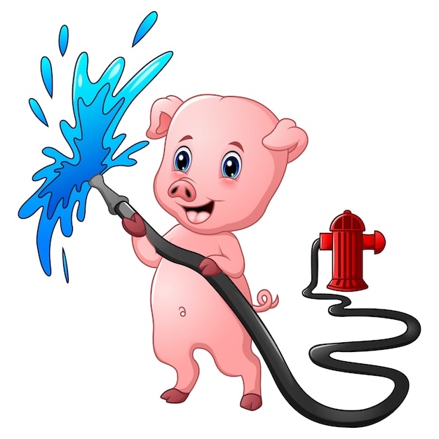 Cartoon pig with hose spraying water and fire hydrant 